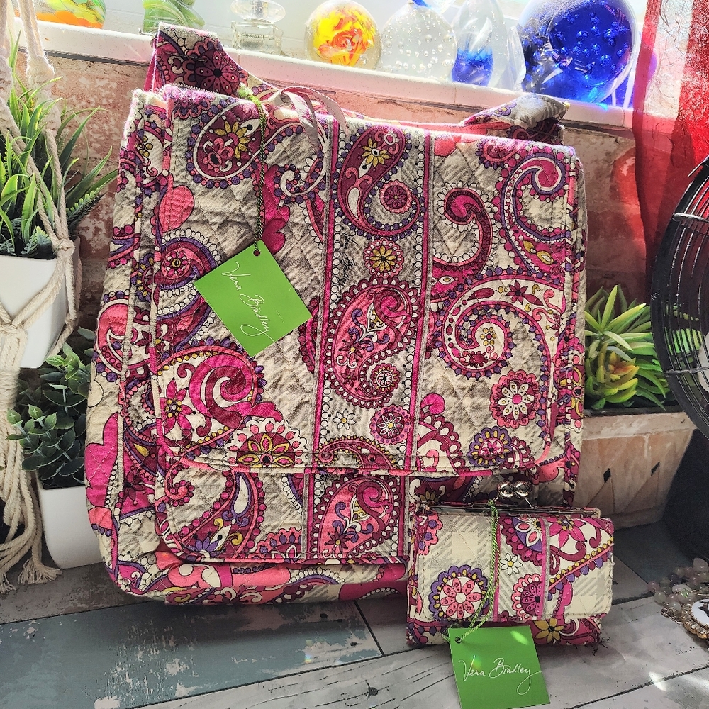 👛Vera Bradley Mailbag & Kiss Lock Wallet Set In Paisley Meets Plaid NWT